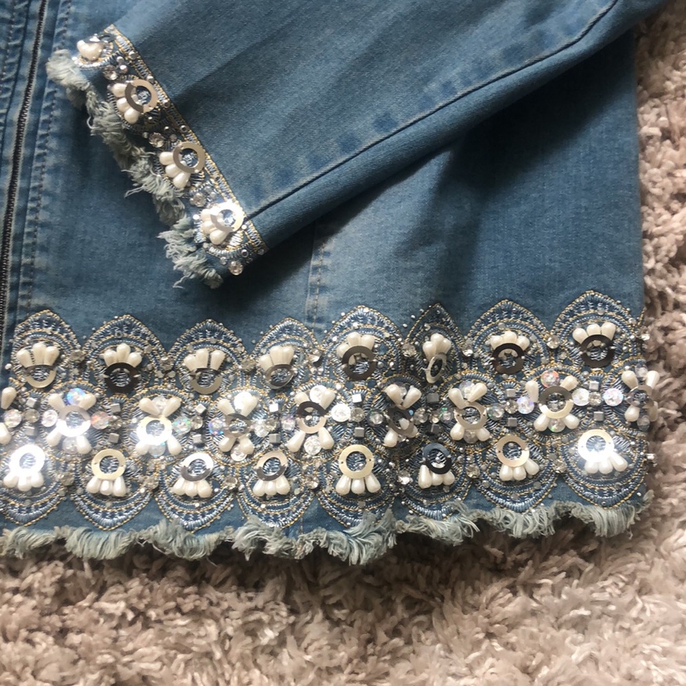 Midnight Velvet embellished Denim Pant Set with Distressed Light Blue Wash